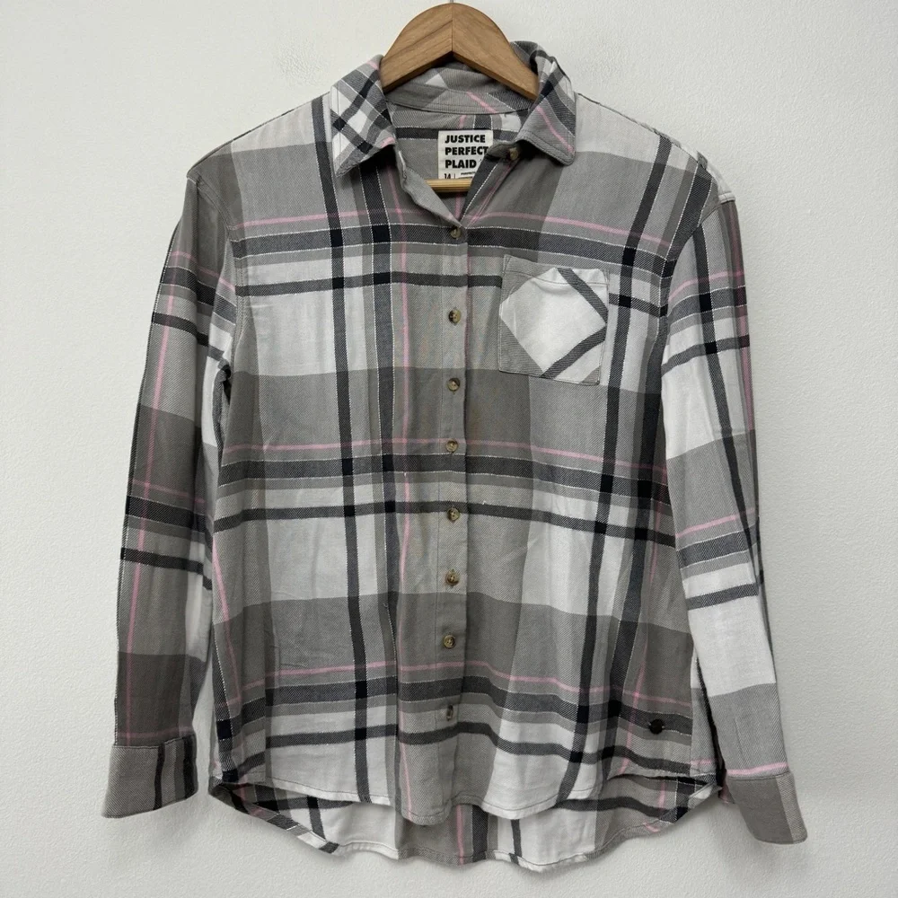 Justice Plaid Pink and Gray Flannel Size 14